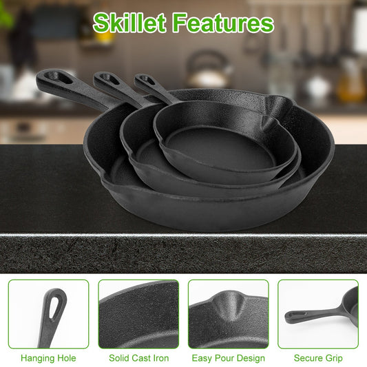 3-Piece Pre-Seasoned Cast Iron Skillet Set (6", 8", 10")