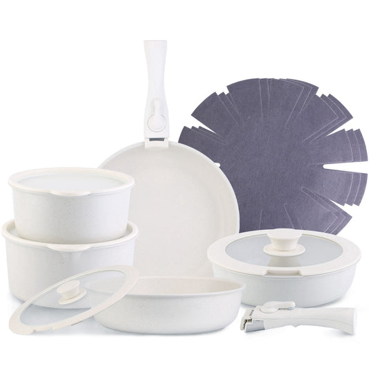 17-Piece Nonstick Cookware Set – Frying Pans, Sauce Pans, Glass Lids, Detachable Handles, Dishwasher Safe